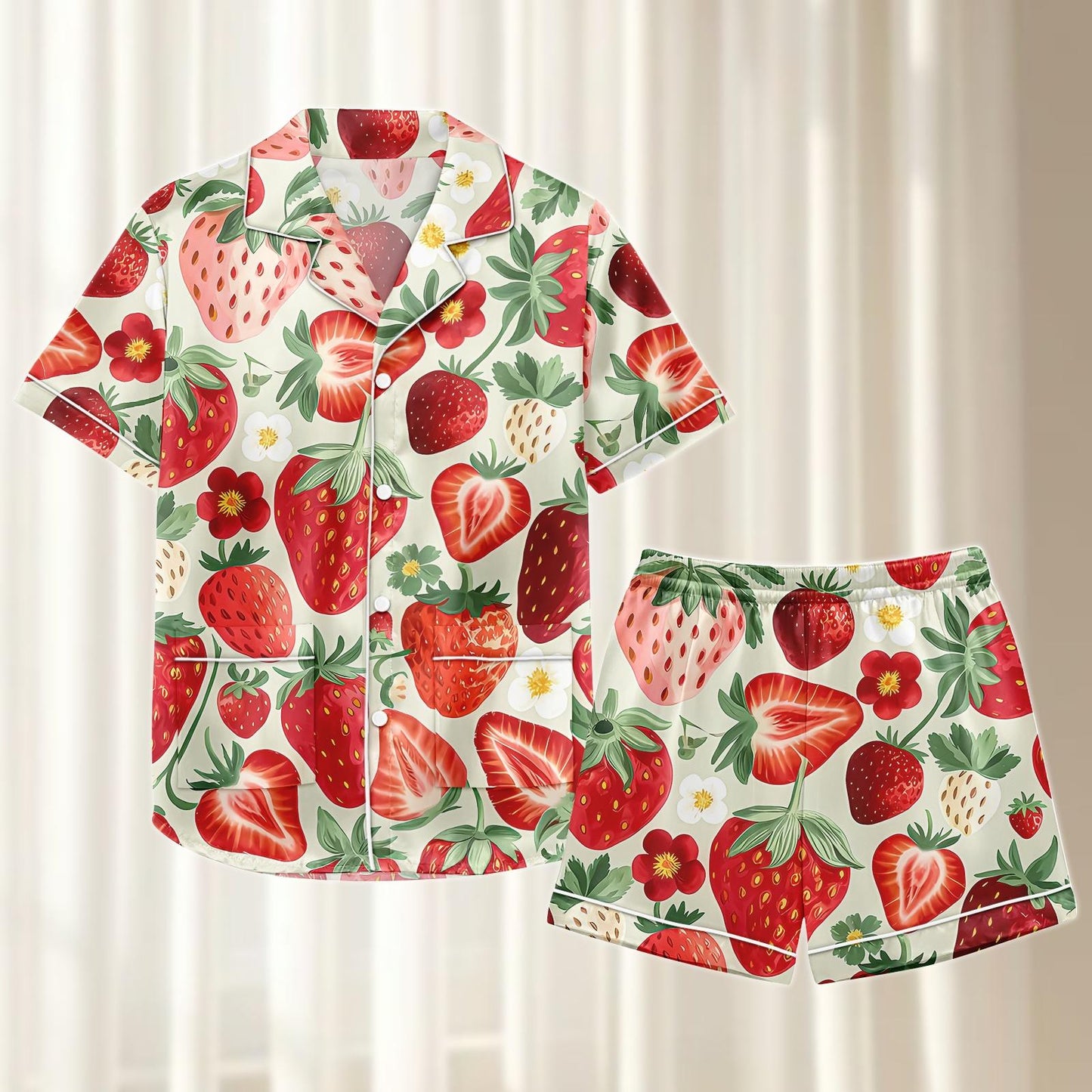 Strawberry Satin Pajamas Short Set, Red Fruit Summer Sleepwear, Red Berry Pjs, Short Sleeve Loungewear, Matching Pajamas, Gift For Her