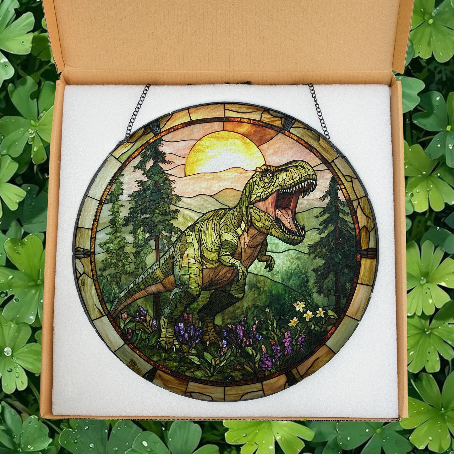 T-Rex Stained Glass Suncatcher, Tyrannosaurus Dinosaur Suncatcher, Fierce Jurassic Decor for Kids and Dinosaur Lovers, T-rex lovers gift