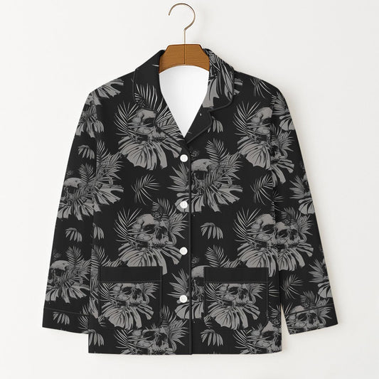 Gothic Skull Pajamas Set, Spooky Floral Black Sleepwear, Skull and Tropical Leaves Halloween Nightwear, Dark Halloween Matching Set