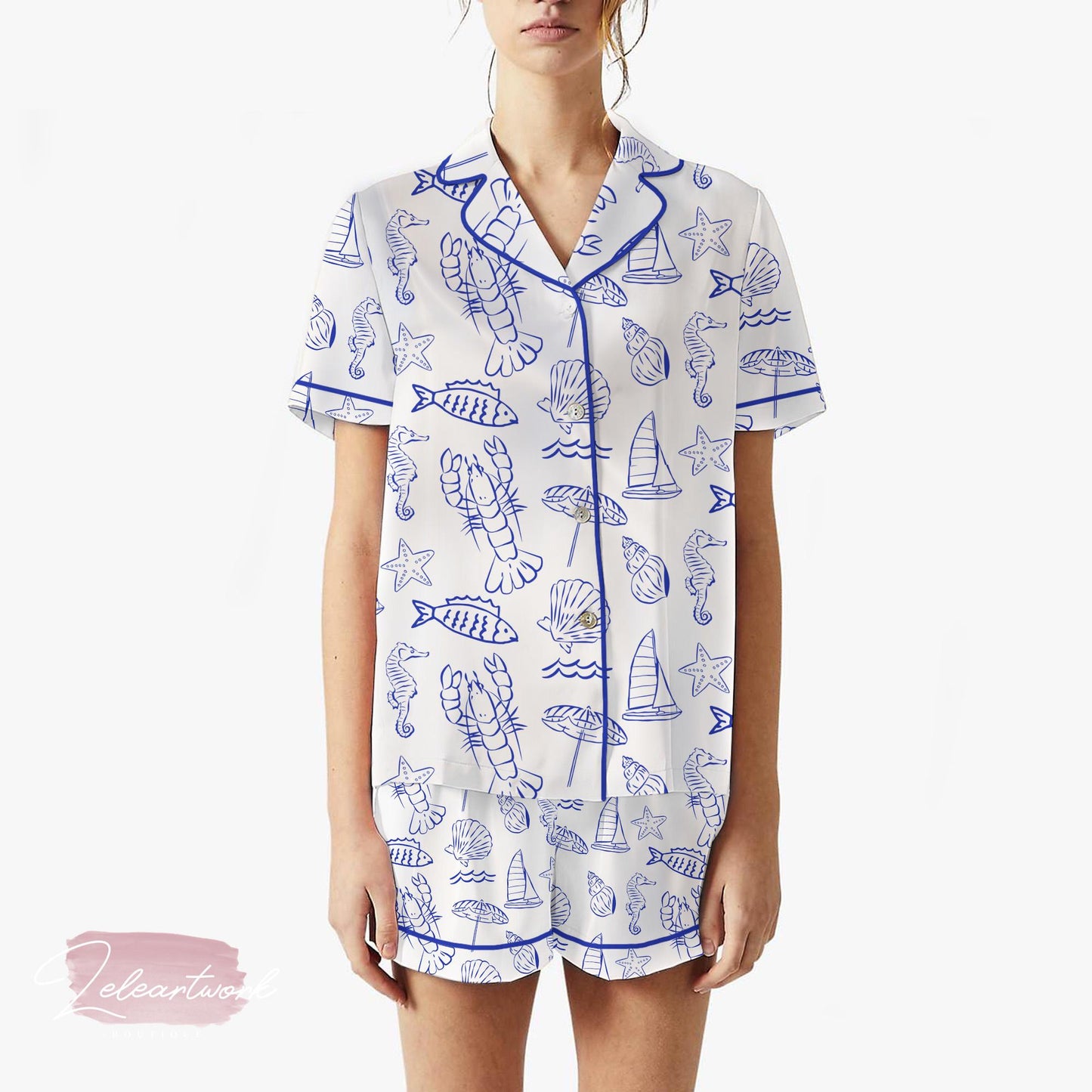 Sorrento Mediterranean – Nautical Summer Pajama Shorts | Blue Sea Life Sleepwear Set | Coastal Lounge Gift