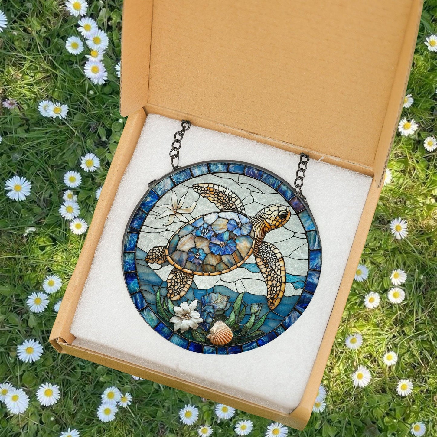 Floral Turtle Stained Glass Suncatcher, Sea Turtle and Flowers Window Hanging, Turtle Lovers Gift, Ocean Animal Lover Home Decoration