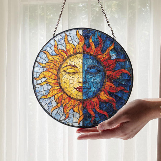 Sun and Moon Face Stained Glass Suncatcher, Celestial Decor for Boho Home, Spiritual Decor, Astrology Lovers Gift, Sun Suncatcher Ornament