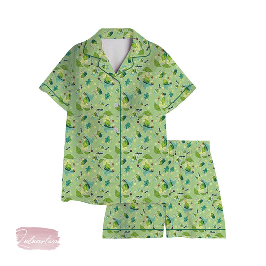 Korok Pattern Pajama Set – Zelda-Inspired Green Sleepwear with Forest Spirit Print, Cozy Gamer Loungewear for Fans of Hyrule