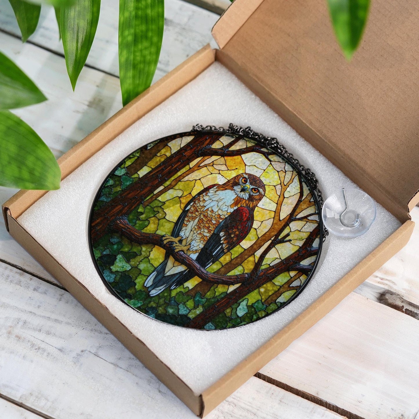 Majestic hawk in forest stained glass suncatcher bird window decor gift for dad or nature lover