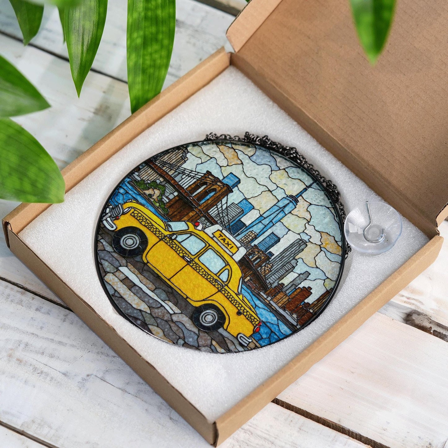 New York City Taxi Skyline Suncatcher Window Hanging Gift for Dad