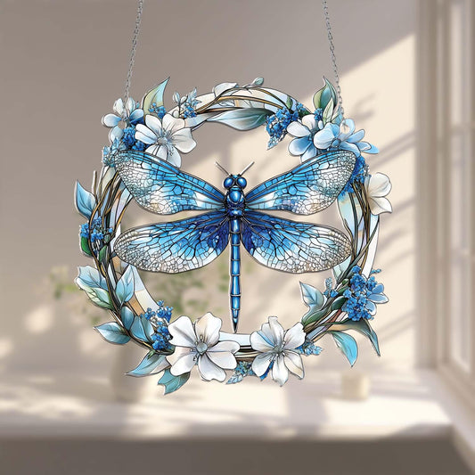 Blue Dragonfly Window Hanging – Nature Inspired Floral Wreath Decoration, Elegant Home Accent and Unique Gift for Garden and Insect Lovers
