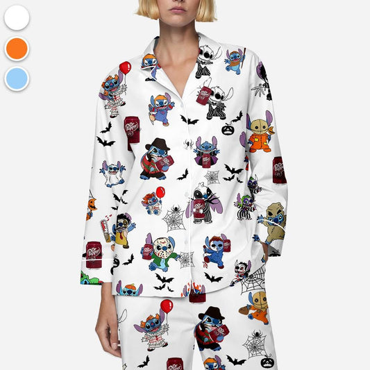 Halloween Dr Pepper Stitch Pajamas Set, Halloween Silk Pajamas, Womenswear, Stitch, Dr Pepper, Halloween outfits, Dr Pepper Halloween Pajama