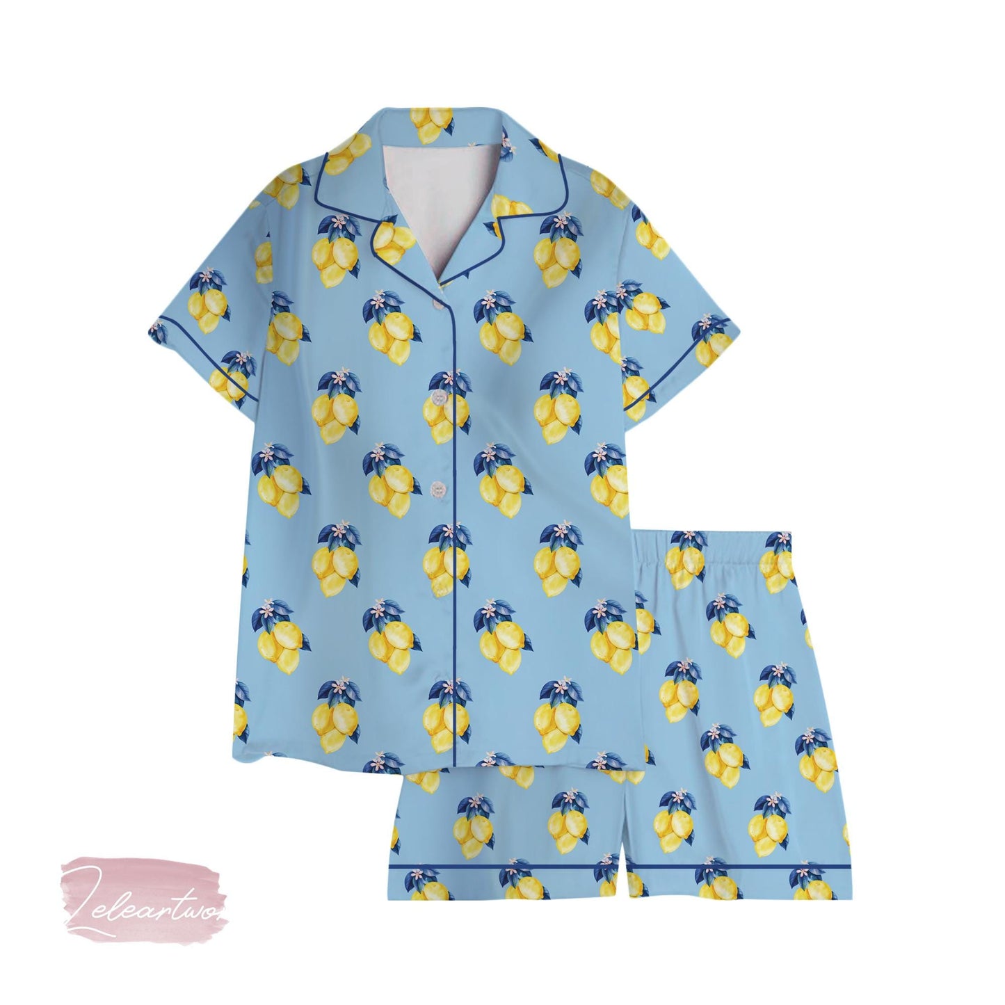 Blue Limone Fruit Pajama Set – Lemon Print Sleepwear on Sky Blue, Short Sleeve Summer Loungewear, Citrus Lover Gift