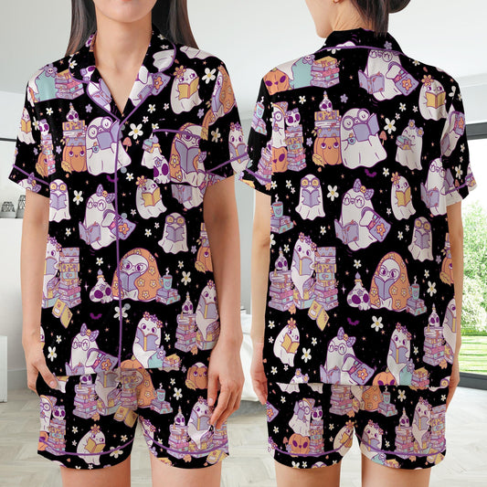 Retro Bookish Halloween Satin Pajamas Set, Cute Boo Reading Short Long Sleeve Pajama Set, Bookworm Sleepwear, Librarian Halloween Pajamas