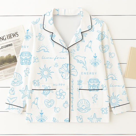 Beach Pattern Pajamas Set, Marine Life Sleepwear, Sea Theme Homewear, Summer Vacation Gift, Sunshine Pyjamas, Halloween Gift