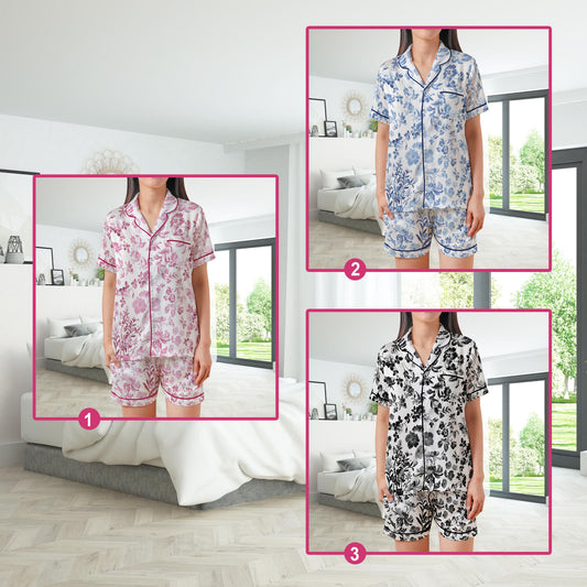 Blue Chinoiserie Floral Pajamas Set, Cute Pajama Sleepwear Short Long Sleeve Pajama Set, Flower Home Wear, Toile de Jouy Girl Sleepwear Set