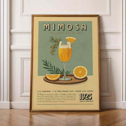 Mimosa Cocktail Print, Mimosa Cocktail Poster, Bar Wall Art, Classic Bar Cart Art Prints, Retro Cocktail Print, Bar Accessories