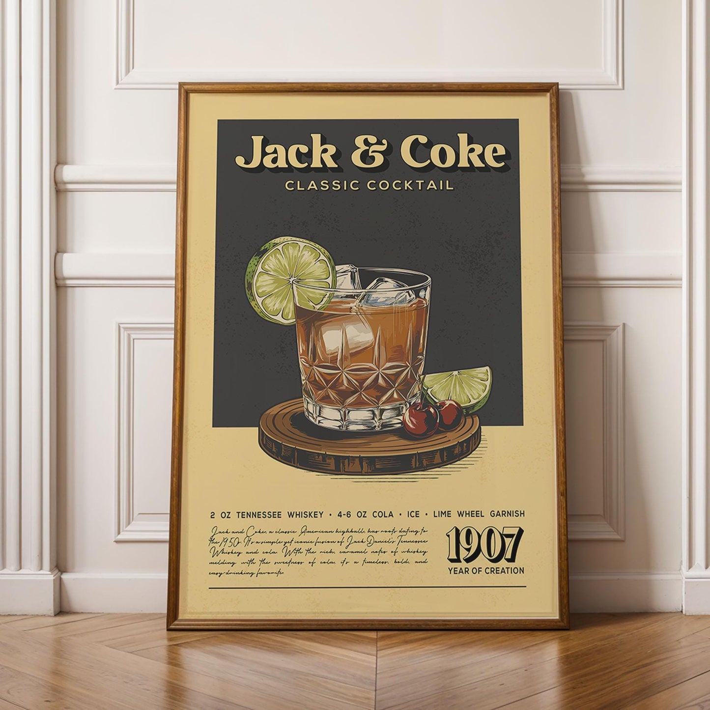 Jack and Coke Cocktail Print, Jack and Coke Cocktail Poster | Bar Cart Prints | Vintage Cocktail Art Bar Accessories for Home Bar Cart