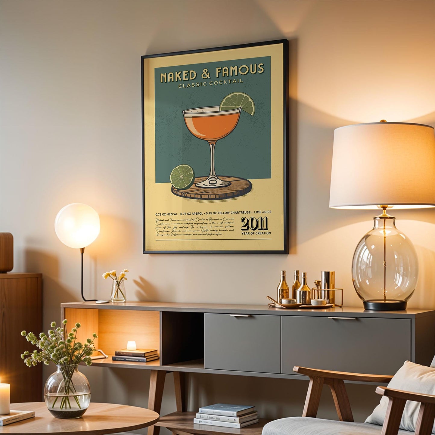 Naked and Famous Cocktail Print, Naked and Famous Cocktail Poster | Bar Cart Prints | Vintage Cocktail Art Bar Accessories for Home Bar Cart