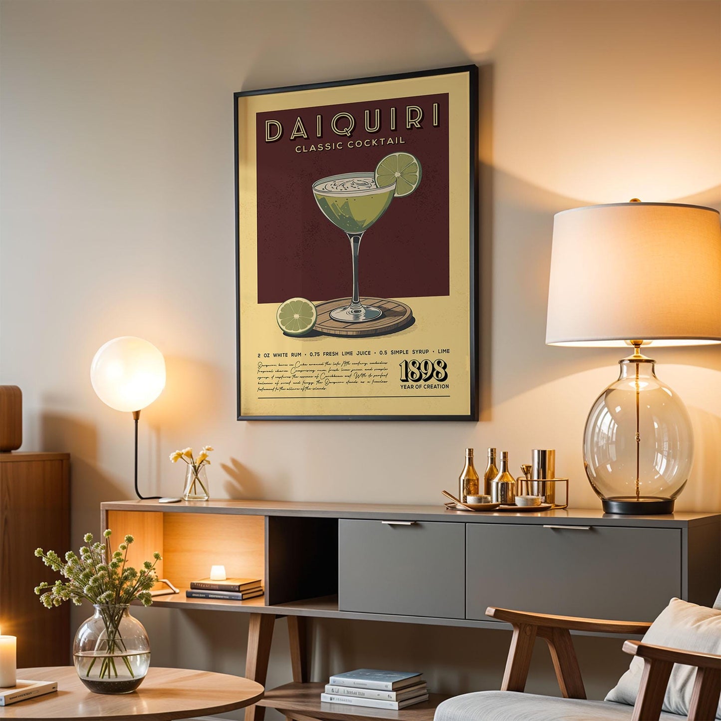 Daiquiri Cocktail Print, Daiquiri Cocktail Poster | Bar Cart Prints | Vintage Cocktail Art Bar Accessories for Home Bar Cart