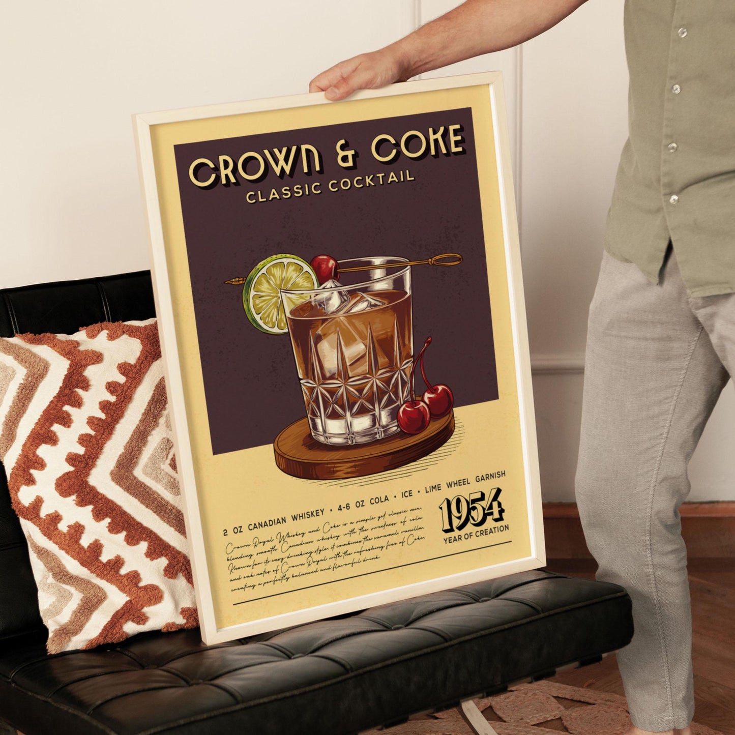 Crown and Coke Cocktail Print, Crown and Coke Cocktail Poster | Bar Cart Prints | Vintage Whiskey Poster for Kitchen Bar Cart