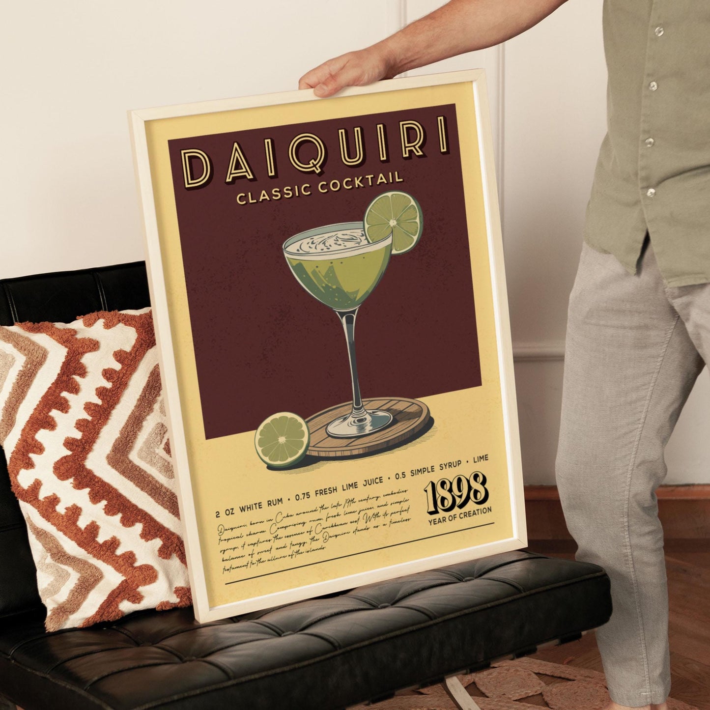 Daiquiri Cocktail Print, Daiquiri Cocktail Poster | Bar Cart Prints | Vintage Cocktail Art Bar Accessories for Home Bar Cart