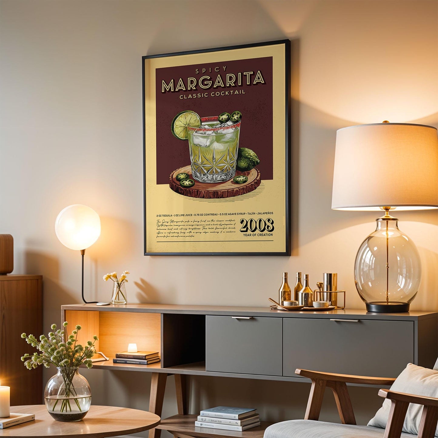 Spicy Margarita Cocktail Print, Spicy Margarita Cocktail Poster | Bar Cart Prints | Vintage Cocktail Art Bar Accessories for Home Bar Cart