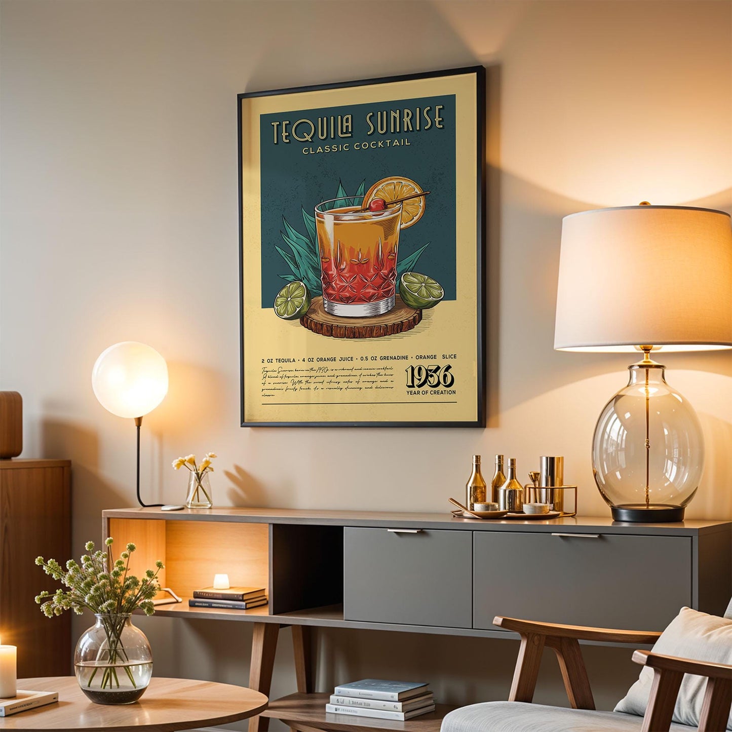 Tequila Sunrise Cocktail Print, Tequila Sunrise Cocktail Poster | Bar Cart Prints | Vintage Alcohol Poster for Bar Cart