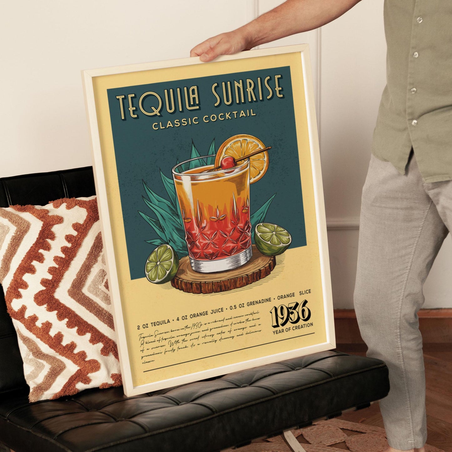 Tequila Sunrise Cocktail Print, Tequila Sunrise Cocktail Poster | Bar Cart Prints | Vintage Alcohol Poster for Bar Cart