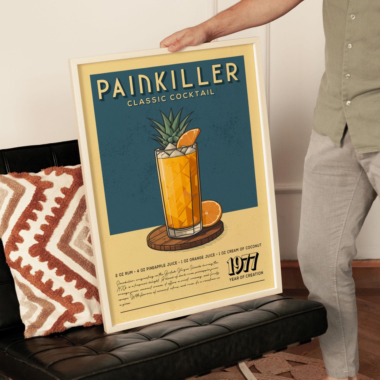 Painkiller Cocktail Poster, Mid Century Modern Painkiller Cocktail Print | Bar Cart Prints | Vintage Rum Cocktail Print for Bar Cart