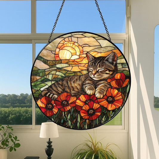 Cat Stained Glass Suncatcher, Gift For Mom, Poppies Flower Suncatcher, Tabby Cat Hanging Window, Cat Lover Gift, Flowers Field Suncatcher