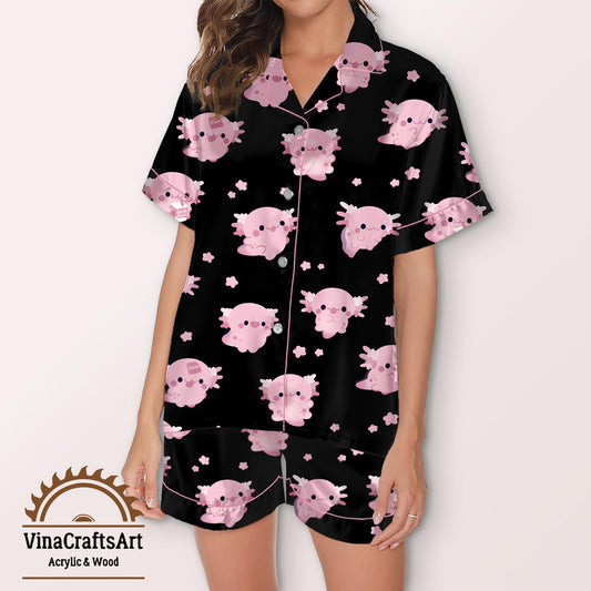 Cute Black Axolotl Pajamas Set, Kawaii Axolotl Gift Pajamas, Amphibian Sleepwear, Animal Axolotl Loungewear Gift, Axolotl Lover Pajamas