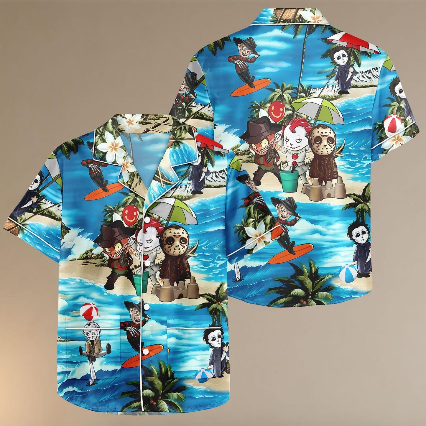 Horror Beach Satin Pajamas Set, Killer Cartoon Pajamas, Tropical Slasher Sleepwear, Summer Halloween Loungewear, Scary Cute Gift