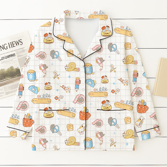 Back To School Pajamas Set, School Supplies And Cats Sleepwear, Cute Cat Homewear, First Day Of School Pyjamas, Cat Lovers Gift