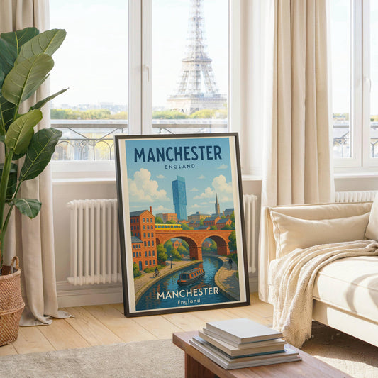 Manchester Cityscape Skyline Poster Wall Art, Map of Manchester UK, Home Decor Gift for Wedding & Birthday, Man United Oasis Man City Poster