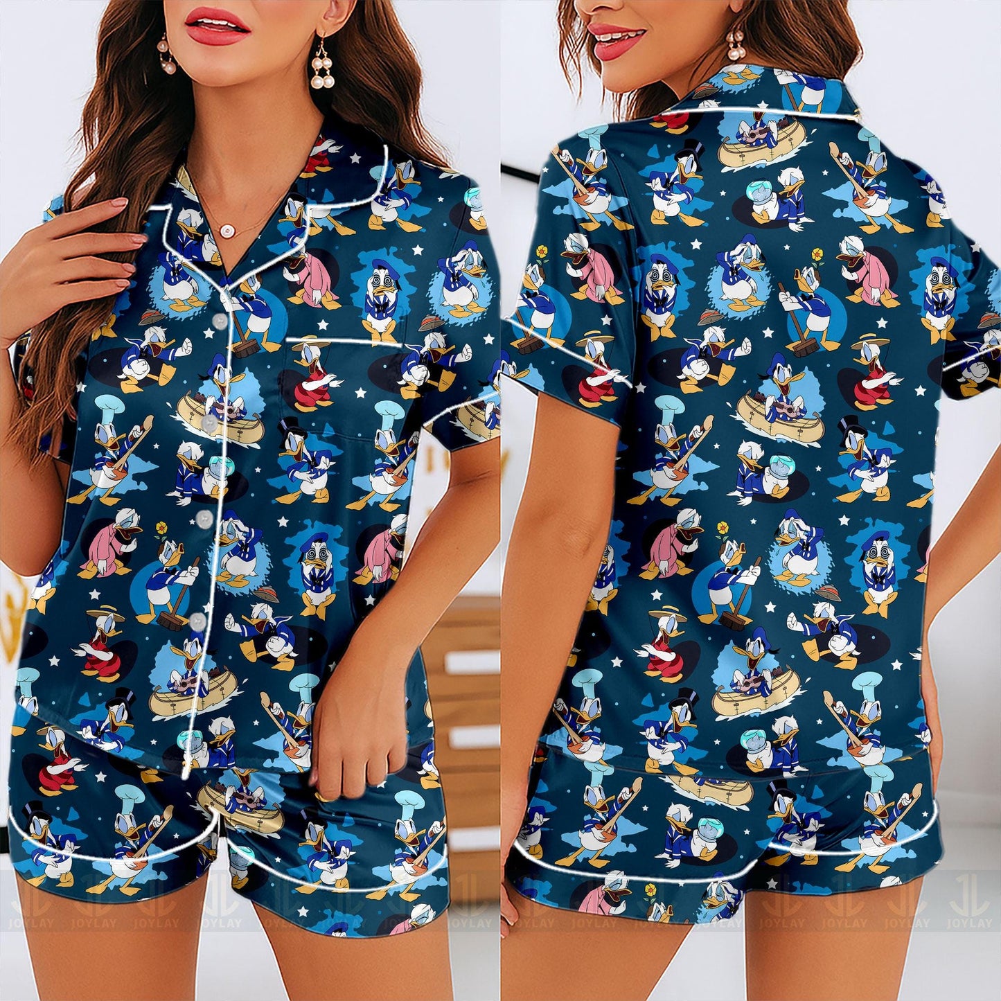Donald Duck Emotions Unisex Satin Pajamas Set, Spooky Season Pajamas , Long Sleeve And Short Styles
