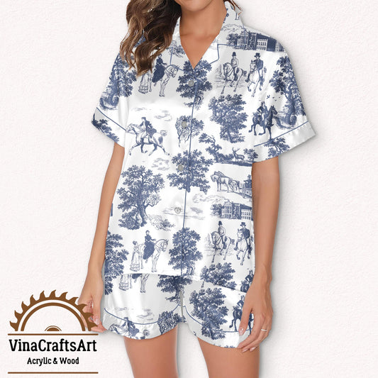 Pride and Prejudice Pajama Set – Satin Toile de Jouy Sleepwear for Women | Jane Austen Gift, Bookish Loungewear Short and Long Set