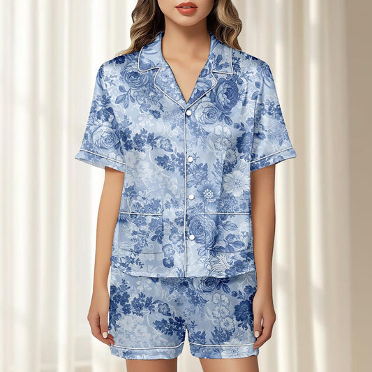 Blue Floral Satin Pajamas Short Set, Vintage Rose Matching Pjs, Soft Silky Women Sleepwear, Elegant Holiday Pajamas, Gift For Her