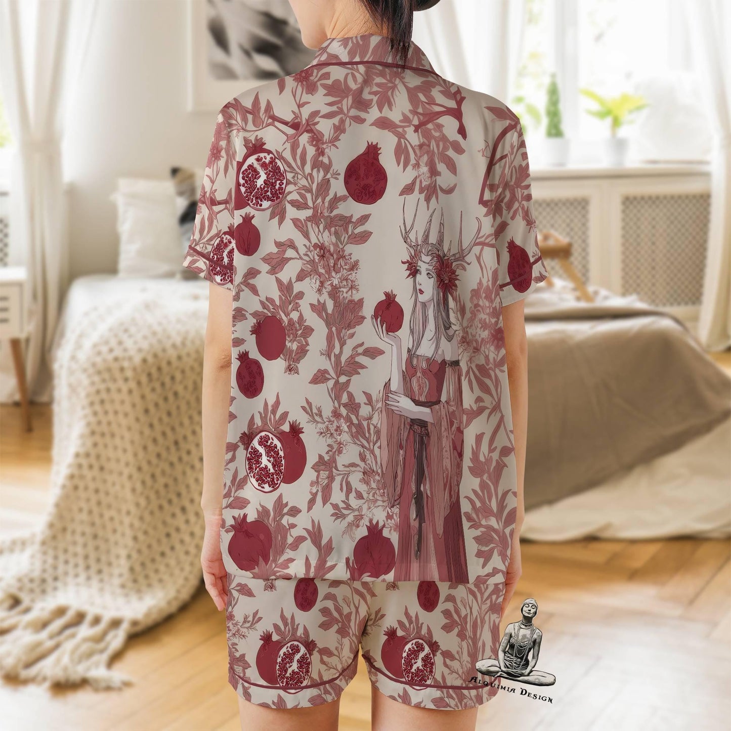 Persephone Pajama Set Short Sleeves, Persephone Goddess Pomegranate Woman's Satin Pajama Short Sleeve