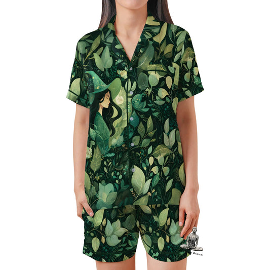 Green Witch Pajama Set Short Sleeves, Witchy Woman's Satin Pajama Short Sleeve Pagan Wiccan Gift Plant Lover Witch Gifts