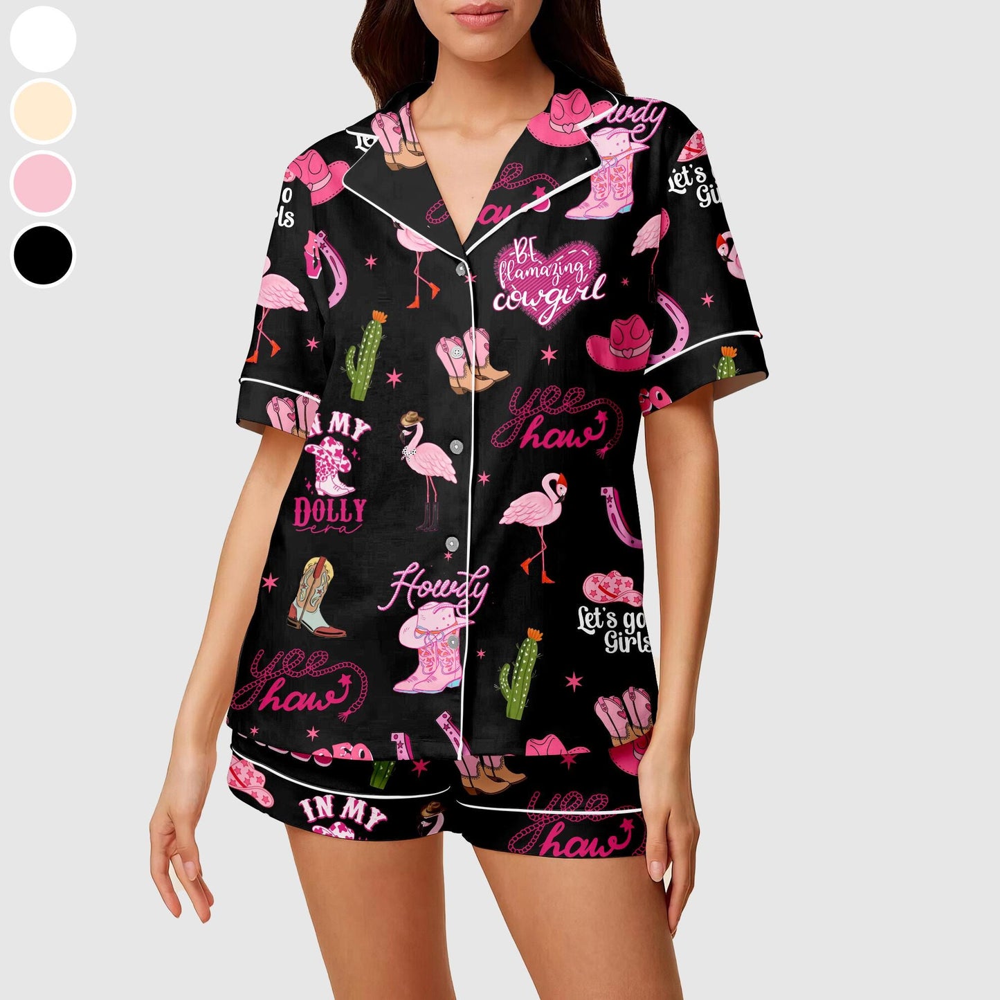 Flamingo Cowgirl Pajama Set, Flamingo Women's Western Pajama Short Set, Cactus & Cowgirl Print Summer Lounge Set, Cowgirl Birthday Gift