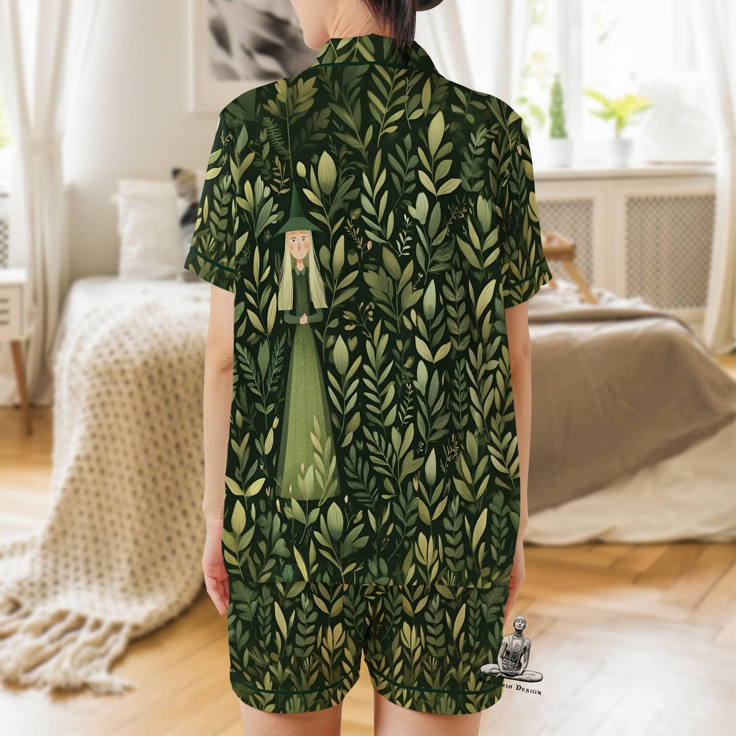 Green Witch Pajama Set Short Sleeves, Witchy Woman's Satin Pajama Short Sleeve Pagan Wiccan Gift Plant Lover Witch Gifts