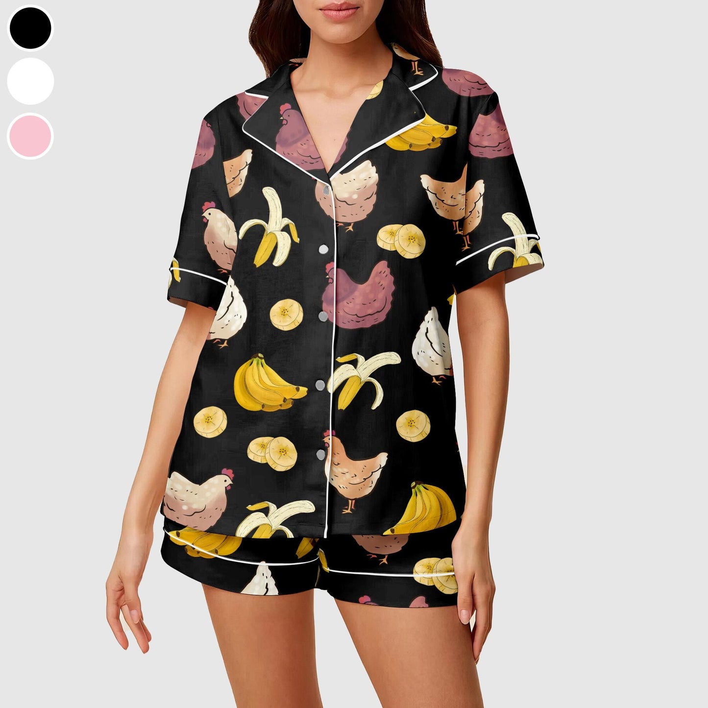 Funny Chicken And Banana Short Satin Pajamas, Chicken Lover , Farm Animal Pajamas For Women, Hen Nightwear, Chicken Themed Loungewear