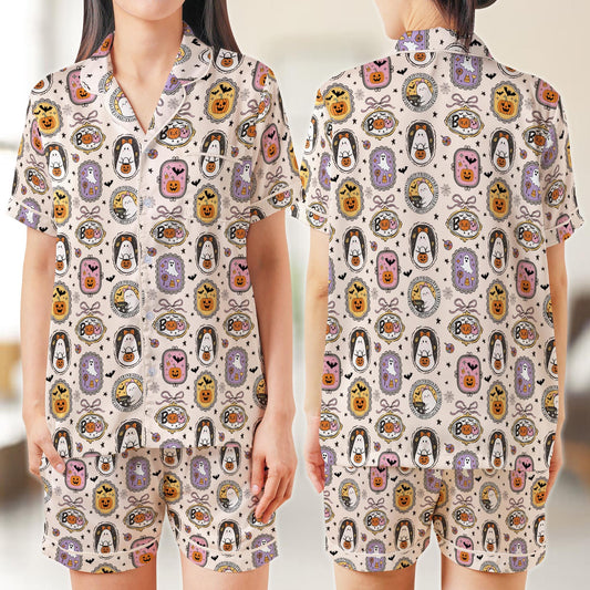 Coquette Boo Ghost Halloween Pajama Set, Cute Ghost Pumpkin Candy Sleepwear, Spooky Season Satin Pajamas, Girly Halloween Pajamas For Women