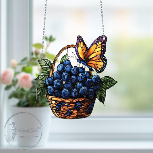 Blueberry Basket Window Hanging, Cottagecore Kitchen Decor, Summer Fruit Gift, Butterfly Accent Art, Gift for Her or Garden Love