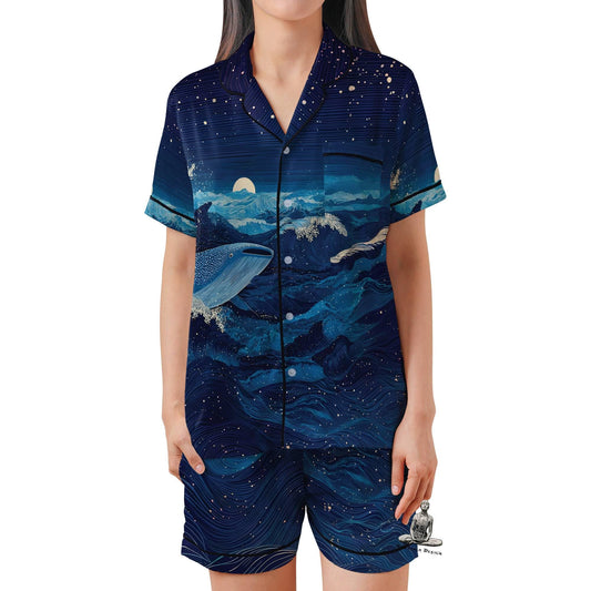 Whale Shark Pajama Set Short Sleeves, Whale Shark Woman's Satin Pajama Short Sleeve Ocean Lover Gift Sea Life Ocean Animals