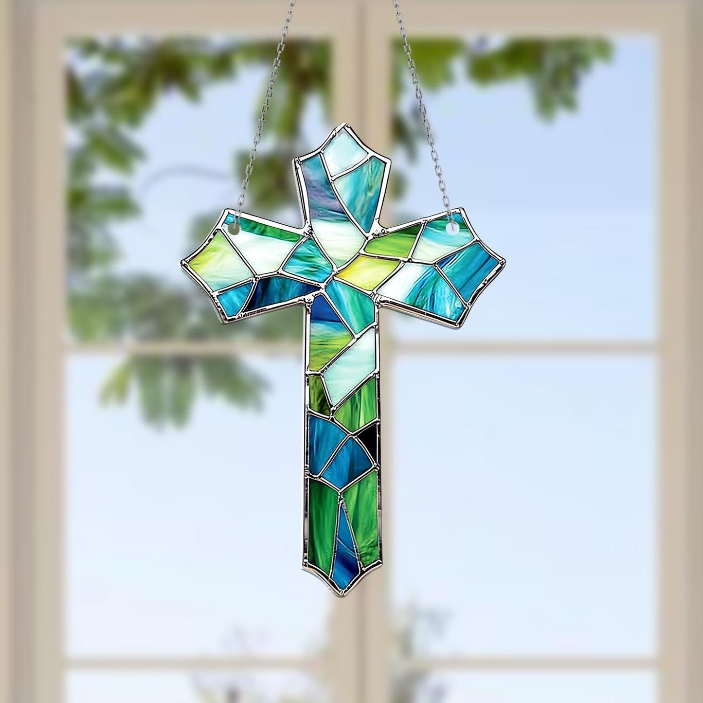 Christian Cross Window Hanging with Blue Green Glass Mosaic – Christian Decor, Religious Gift for Mom, Housewarming Ornament, Faith Art