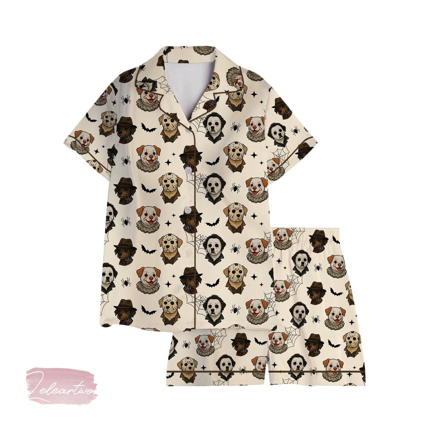 Spooky Paw Set – Halloween Dog Print Pajama Set with Horror-Inspired Pups, Cute Pet Lover Sleepwear, Funny Fall Loungewear