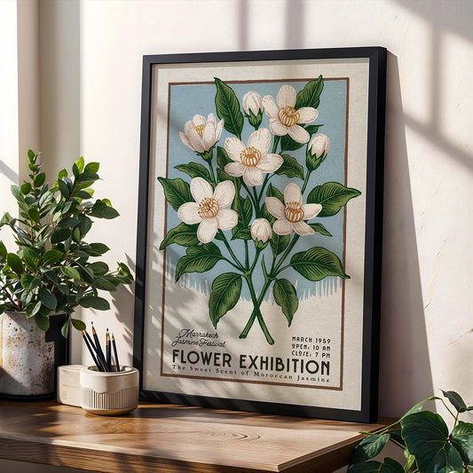 Flower Market Jasmine Print, Retro Marrakech Flower Art | Flower Market Print | Vintage Boho Botanical Poster, Moroccan Jasmine Flower Art