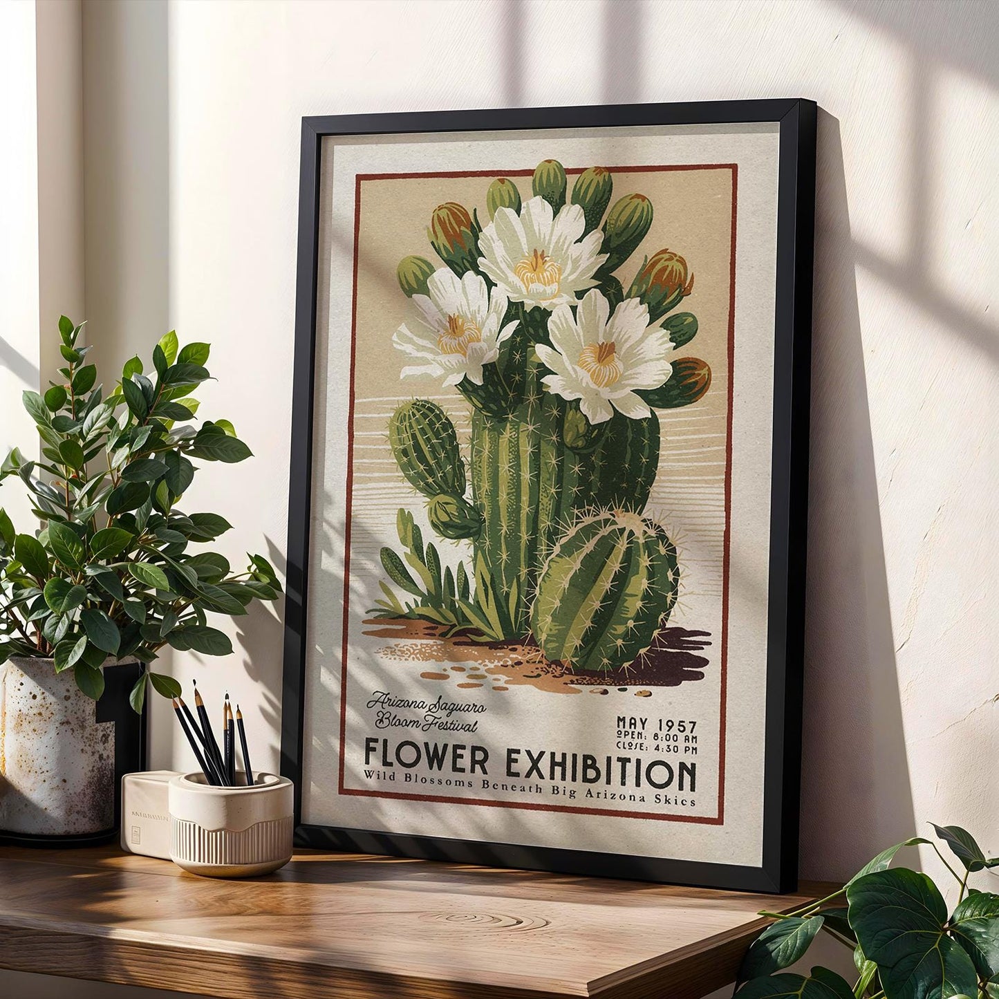 Flower Market Saguaro Cactus Print, Retro Arizona Flower Art | Flower Market Print | Retro Botanical Poster, Floral Western Wall Art