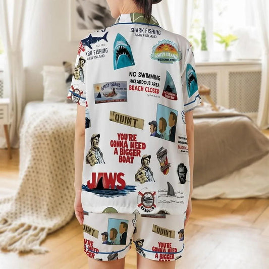 Jaws Shark Movie Retro Satin Pajamas, Vintage Summer Horror Pajamas Pajamas Set