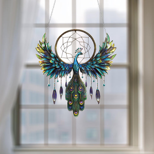 Peacock Dreamcatcher Window Hanging – Elegant Blue and Green Feathered Bird Decor for Spiritual Homes, Boho Rooms, or Meaningful Gifts