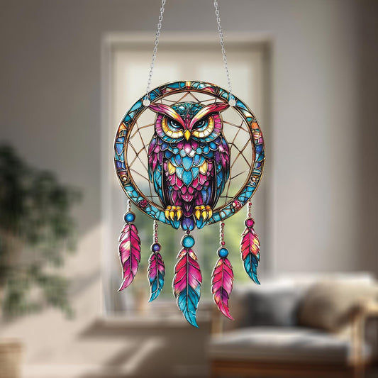 Colorful Owl Dreamcatcher Window Hanging – Vibrant Boho Owl Decor with Feathers for Nature Lovers, Spiritual Homes, or Unique Gift Ideas