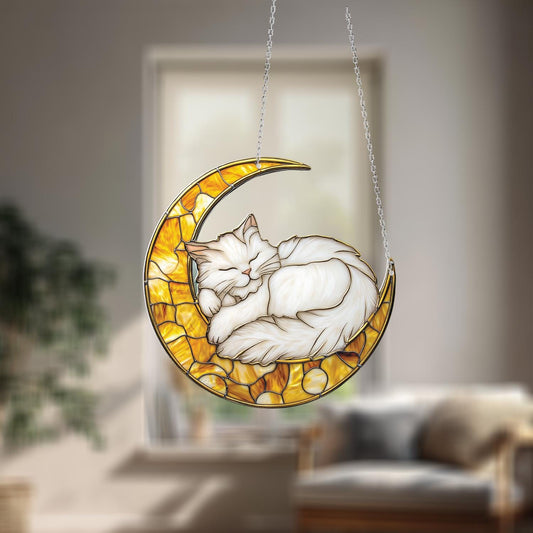 Sleeping White Cat on Crescent Moon Window Hanging – Cozy Cat Lover Decor for Peaceful Homes, Pet Memorials, or Relaxing Boho-Inspired Space