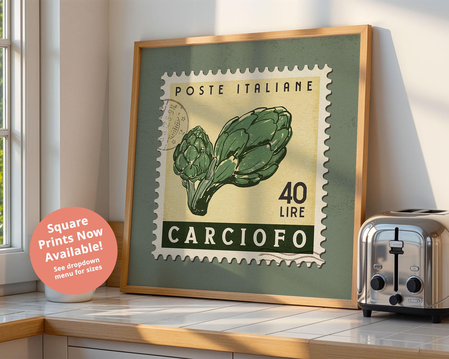 Artichoke Poster, Retro Stamp Poster | Retro Kitchen Print | Italian Food Art Print, Trendy Kitchen Decor, Unique Food Gift